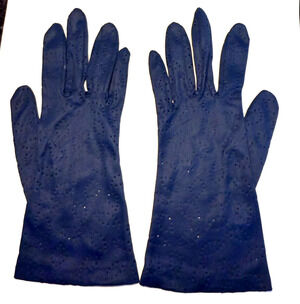 Vintage Womens Medium Blue Full Finger Peek a Boo Pattern Dress Gloves MCM